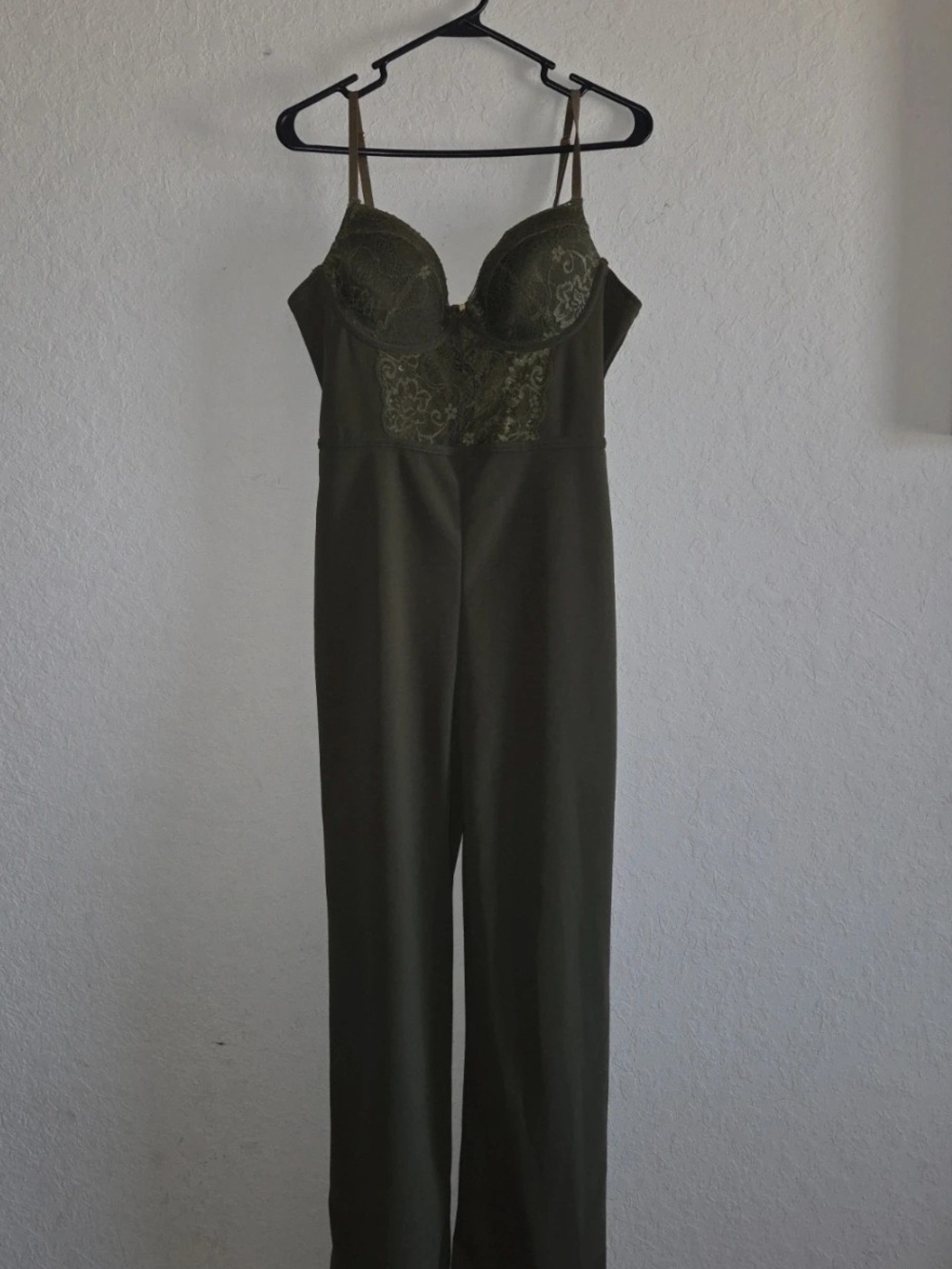 Olive Green Lace-Trim Bustier Wide Leg Jumpsuit